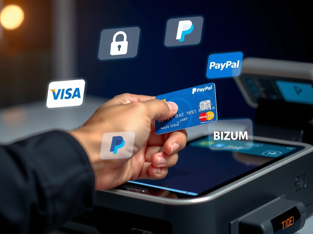 Mano insertando una tarjeta de crédito en un terminal de pago virtual, con logos de Visa, MasterCard y PayPal flotando alrededor, simbolizando seguridad y variedad de métodos de pago.