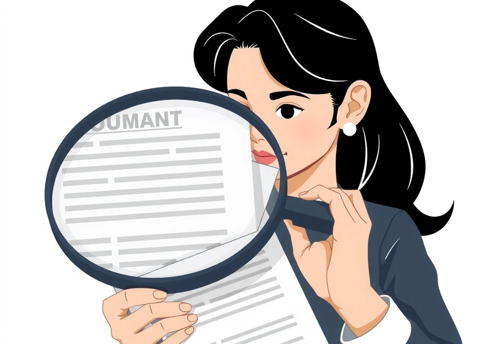 Ilustración de una persona con un gran icono de lupa examinando un documento, representando la transparencia y el detalle en las políticas