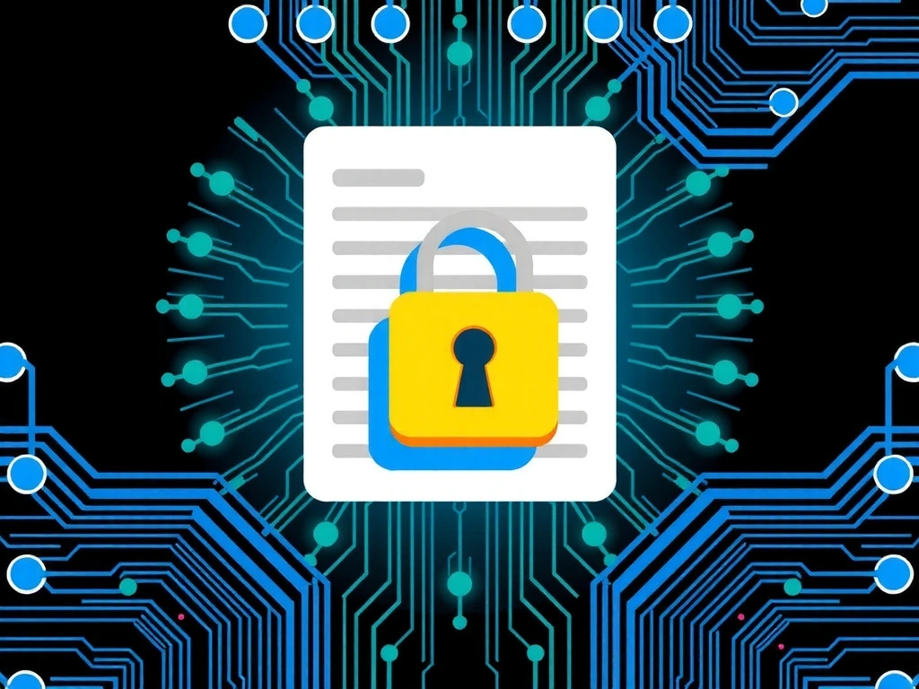 Ilustración de un candado digital y documentos que simbolizan la protección de datos y la propiedad intelectual.